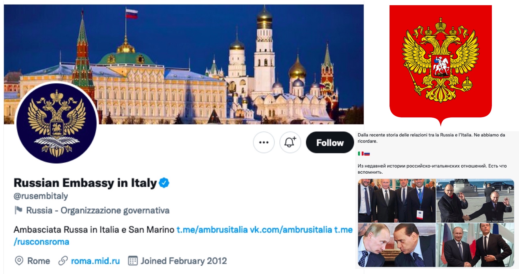 Ruská ambasáda v Ríme zverejnila pred nadchádzajúcimi parlamentnými voľbami v Taliansku fotky tamojších politikov s Putinom