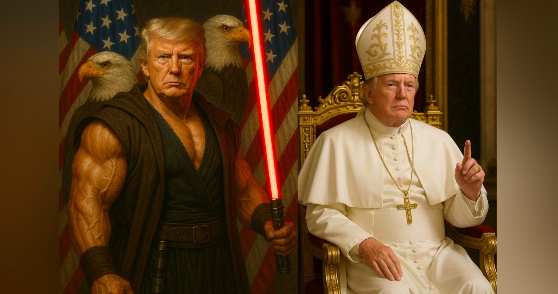 Donald Trump ako rytier Jedi so svetelným mečom. Biely dom zverejnil AI obrázok prezidenta USA ako postavy zo Star Wars. Šéf Bieleho domu zdieľal aj obrázok samého seba ako pápeža. Korporátne médiá medzitým prekrúcajú význam červeného svetelného meča ako symbolu temnej sily a manipulujú verejnosť, ktorá nepozná príbehy Hviezdnych vojen