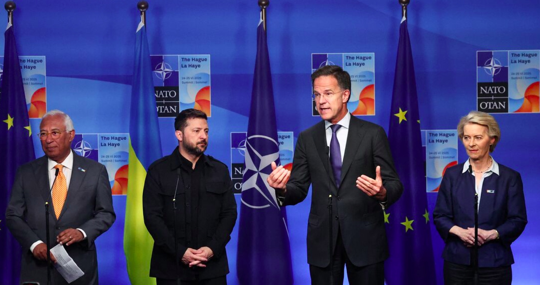 Šéf NATO Mark Rutte chce vyhrať novú vojnu medzi Severoatlantickou alianciou a Ruskom vo výrobe zbraní. Podľa neho je nemysliteľné, aby Rusko dokázalo vyrobiť viac zbraní ako NATO, ktorá má 25-násobne silnejšiu ekonomiku. „Európa ide cestou bujnejúcej militarizácie,“ vyhlásil hovorca Kremľa Dmitrij Peskov. „NATO je obranná aliancia a teraz je summit konečne o tom,“ vyhlásil medzitým šéf maďarského rezortu diplomacie Péter Szijjártó a vyzdvihol, že členstvo Ukrajiny v NATO nie je na programe schôdzky a pozornosť sa sústreďuje na posilnenie kolektívnej obrany, a nie na eskaláciu vojny