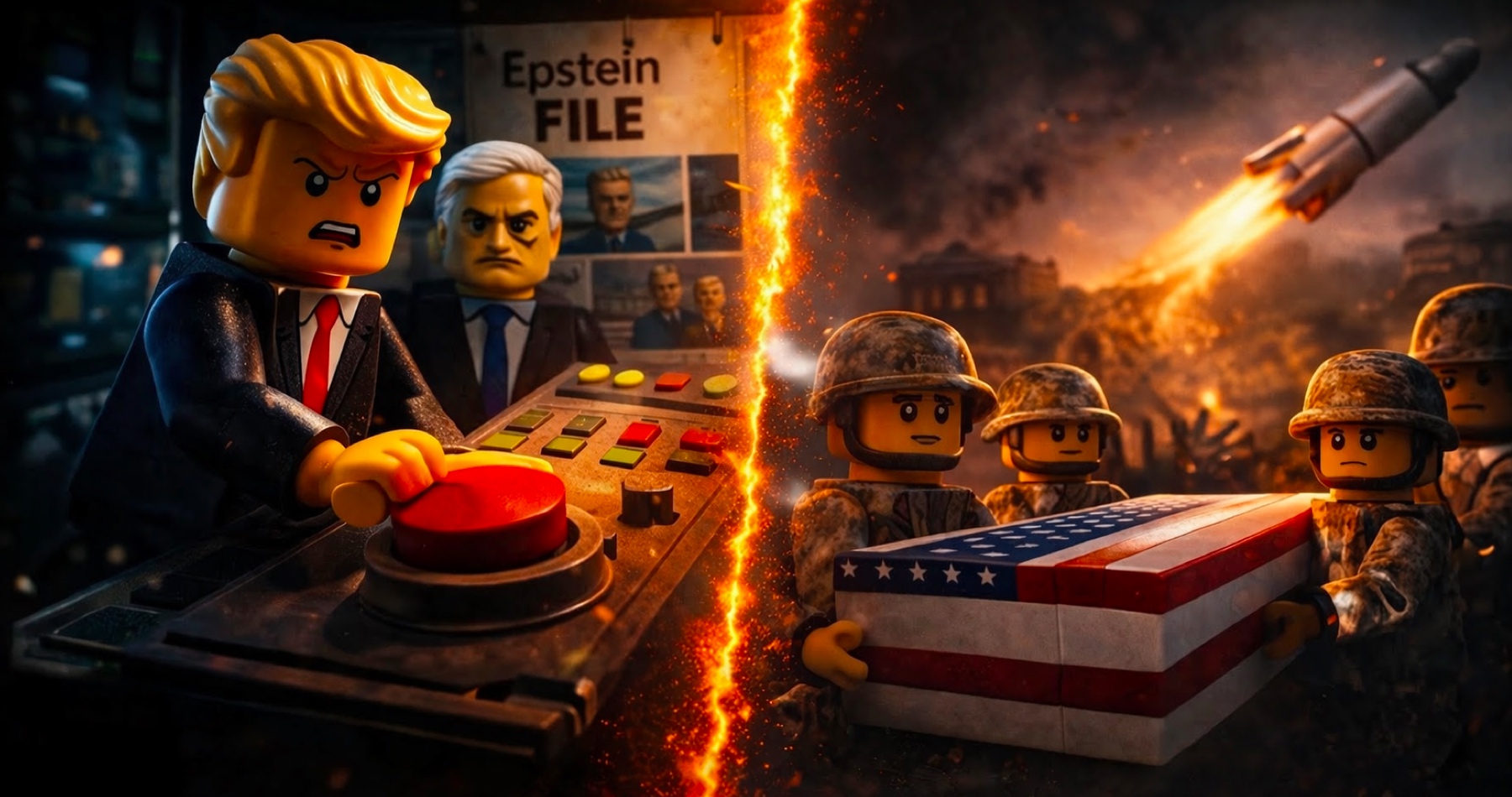 VIDEO: Irán pokračuje v zverejňovaní humorných lego-kockových videí, ktoré zosmiešňujú „babráka“ Donalda Trumpa, z ktorého sa stal „stratený prípad“, keď rozpútaním vojenskej agresie spravil zásadnú strategickú chybu. Pripomína sionistické a americké zločiny spáchané na deťoch a nevinných civilistoch a upozorňuje na zaslúžený trest, ale aj na aktuálne úspešné odvetné útoky proti nepriateľom slúžiacim sionizmu, Deep state a globálnemu zločineckému Syndikátu. Varuje, že prípadná pozemná invázia bude mať pre USA a amerických vojakov fatálne následky