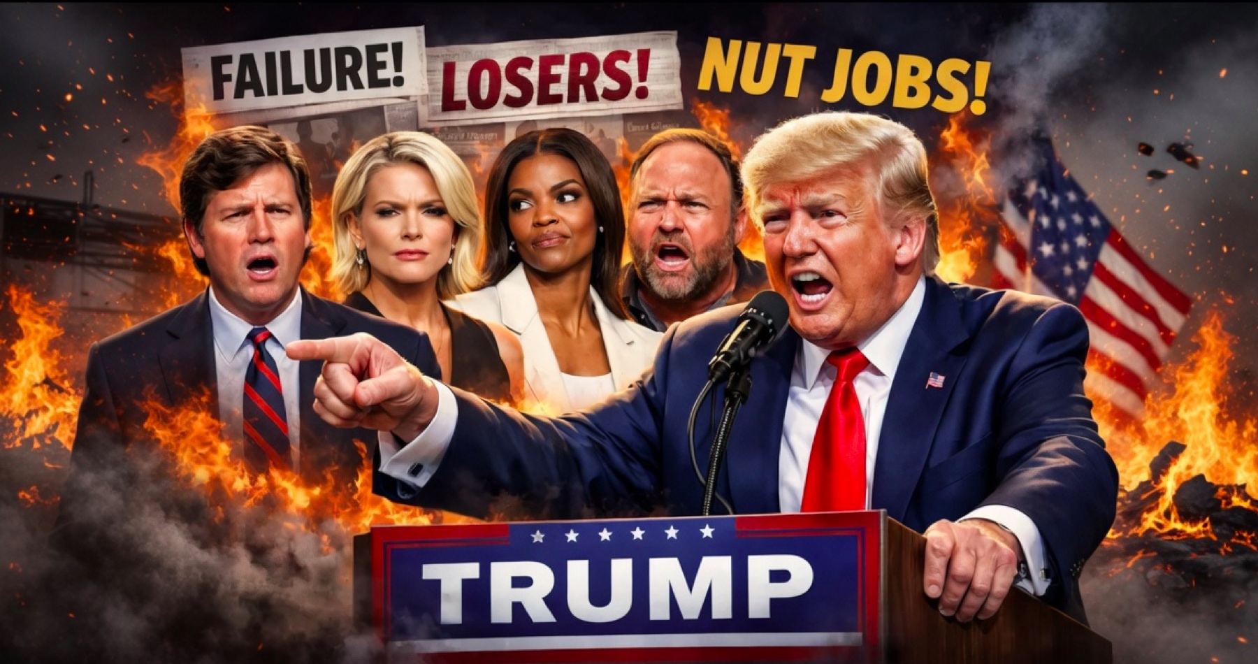 Tucker Carlson, Megyn Kelly, Candace Owens a Alex Jones, ktorí pomohli Donaldovi Trumpovi vyhrať voľby, sú teraz podľa neho hlupáci, šialenci, skrachovanci a problémoví ľudia s nízkym IQ. Prezident USA tvrdí, že zradili hnutie MAGA a len on teraz vie, ako urobiť Ameriku opäť veľkou