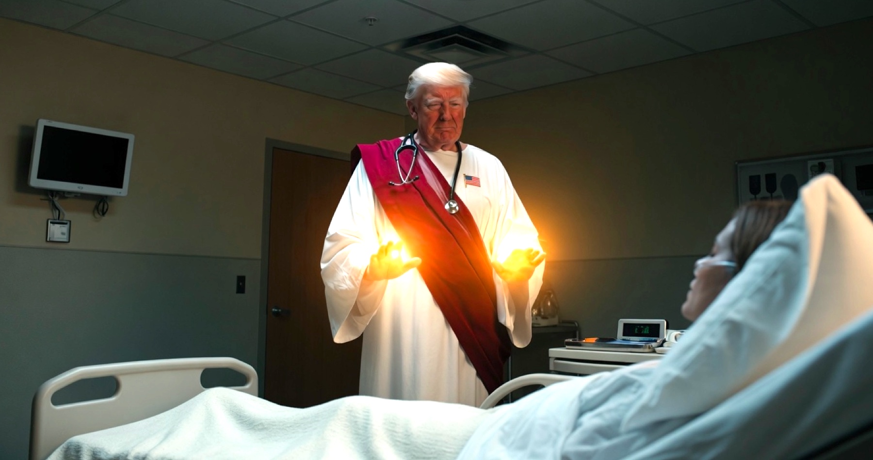 VIDEO: Dr. Donald „Ježiš“ Trump lieči Američanov magickou silou svetla vo svojich rukách