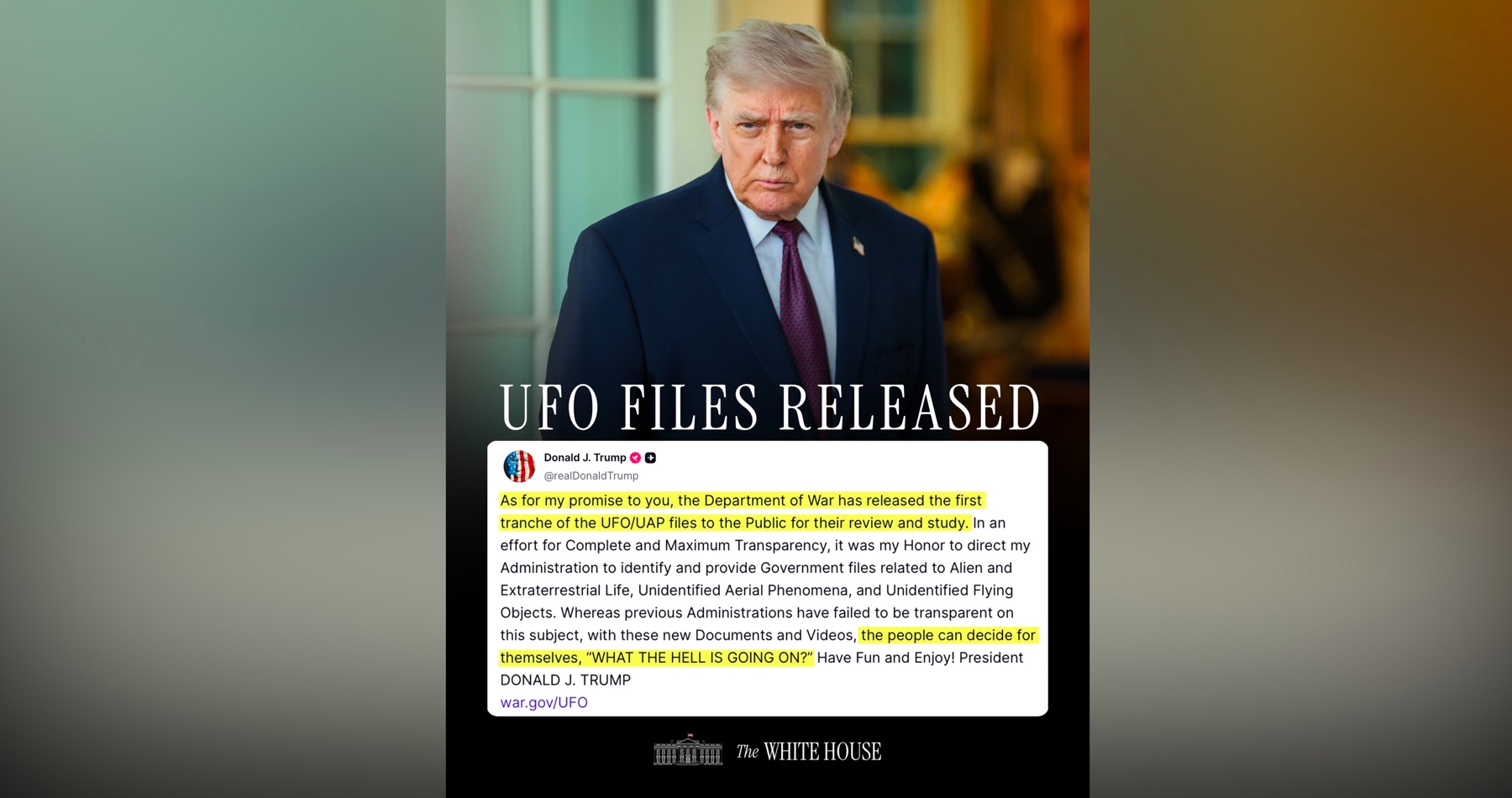VIDEO: USA zverejnili doteraz nepublikované dokumenty a videá týkajúce sa UFO. „V snahe o úplnú a maximálnu transparentnosť mi bolo cťou nariadiť svojej administratíve, aby identifikovala a sprístupnila vládne spisy týkajúce sa mimozemského života, neidentifikovaných vzdušných javov a neidentifikovaných lietajúcich objektov,“ uviedol americký prezident Donald Trump